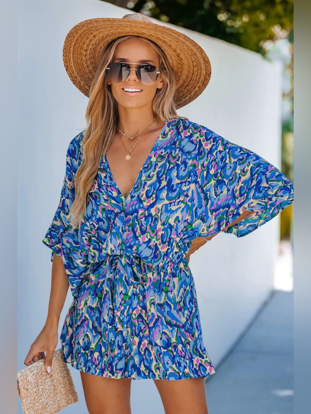 Cupshe Blue Multicolor V-Neck Tie-Waist Swim Coverup Romper